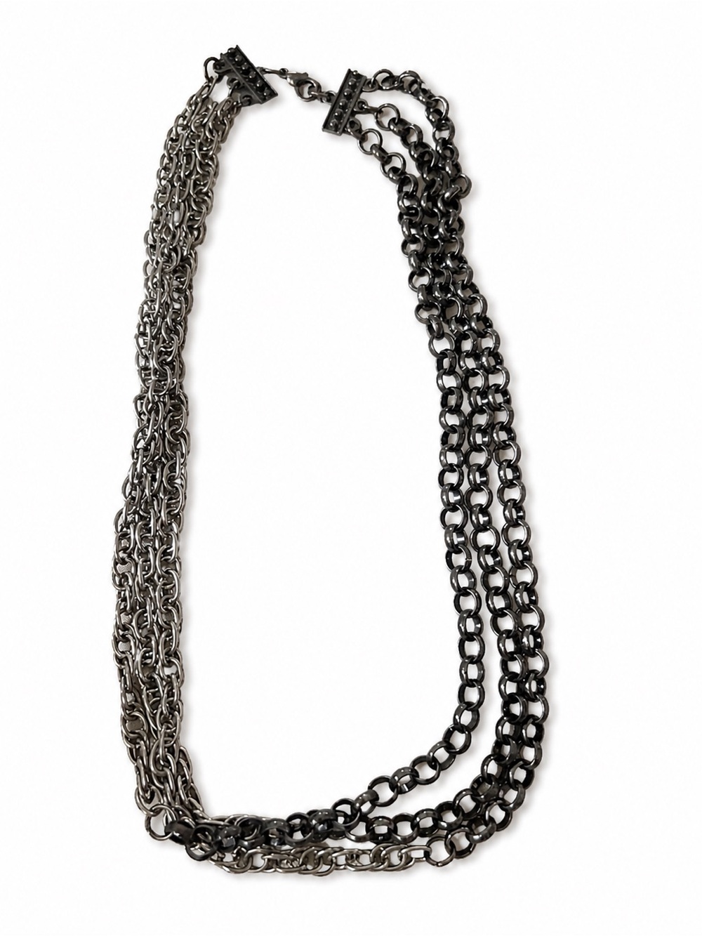 Multi Strand Gunmetal & Silver Tone Layered Chain Statement Necklace
